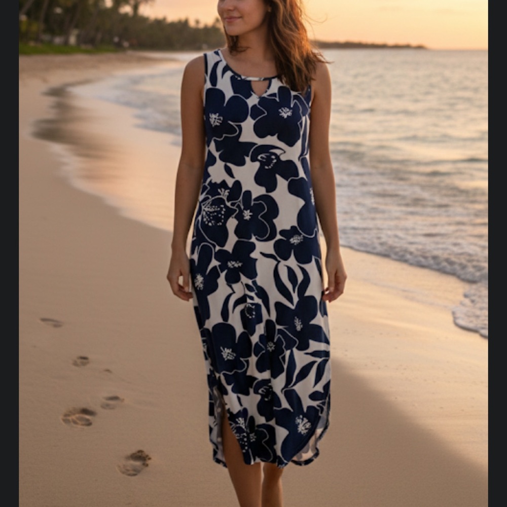 Navy & White Floral Sleeveless Maxi Dress with Pockets - Size L curve hem